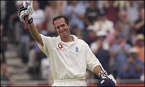 Michael Vaughan celebrates one of his tons against India