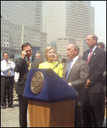 Bloomberg, with Hilary Clinton to his left and governor Pataki to his right, at the announcement of a $4.55 billion Federal Government award towards rebuilding Ground Zero 