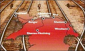 A graphic of rail lines in north Wales hit by stoppages