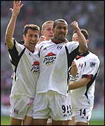 Steve Marlet and John Collins celebrate a rare Premiership goal for Fulham