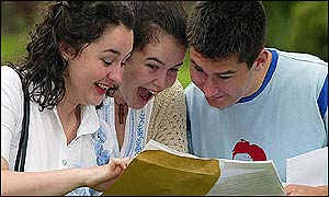 Becky Lee (L) gets AS level results, while twins Katie and Jamie receive A level results