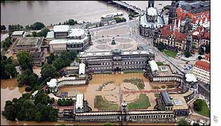 Dresden's Zwinger Palace, foreground, Semper Opera, left, and cathedral, right