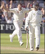 Steve Harmison bowls S Ganguly in Nottingham