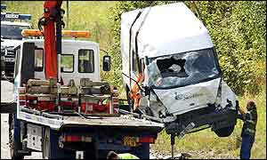 The van being removed from the scene