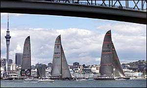 OneWorld from the USA narrowly finishes ahead of Team New Zealand and Victory Challenge of Sweden in the America's Cup International Regatta Fleet Race 