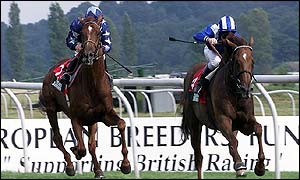 Mubtaker (right) held off the challenge of High Pitched to win the Geoffrey Freer Stakes at Newbury