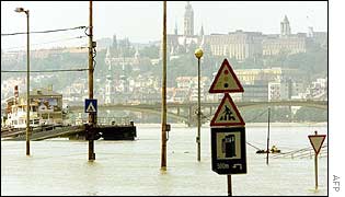 Budapest's rising flood waters, with Buda Castle in the background