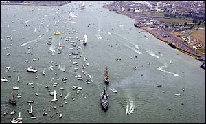 HMS Exeter leads tall ships from Portsmouth Harbour