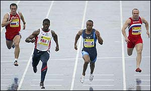 Dwain Chambers wins in the rain in Glasgow