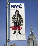 A flag in Manhattan saluting New York's firefighters