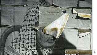 A ripped poster of Arafat in the West Bank
