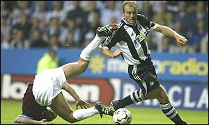 Alan Shearer scores Newcastle's third against West Ham