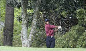 Tiger Woods plays off the fifth hole during the 2002 Masters 