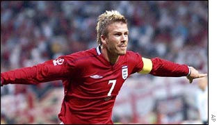 David Beckham celebrates scoring the opening goal for England against Argentina in World Cup 2002
