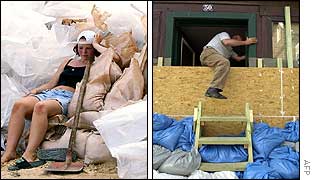 A teenager rests on a heap of sandbags (L), a shopkeeper climbs over barricades to enter his store (R)