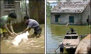 Men rescuing an animal (l) and a man making his way through the floods(r) ( photo courtesy of AFP)