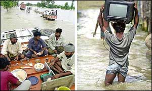 (Left) Breakfast atop a lorry overturned in the floods in Bihar; Bangladeshi villager salvages his television 