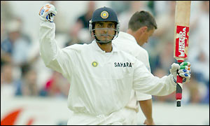 Ganguly scores a century and is then bowled by Tudor for 128