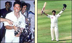 Tendulkar celebrates a maiden centruy on home soil in Madras in 1993 (left) and adds to his tally against England at Edgbaston in 1996
