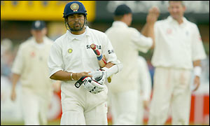 Sachin Tendulkar walks off the Headingley pitch after being bowled lbw for 193