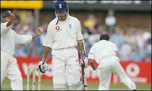 Michael Vaughan is out for 61 off the bollowing of Agarkar