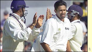 Matthew Hoggard goes for a duck as Kumble finishes on 3-93