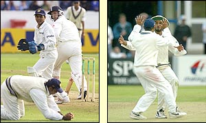 England's John Crawley is caught behind by Virender Sehwag