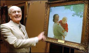 Joseph Treganza with painting by Harold Harvey 