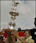 Sir Peter Blake holds aloft the America's Cup in 1995