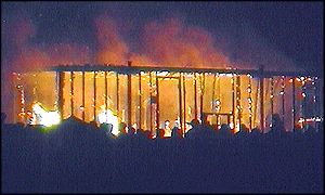 Burning portakabin at the Carling music festival in Leeds