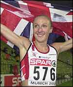 Paula Radcliffe celebrates after winning the European 10,000m title in Munich