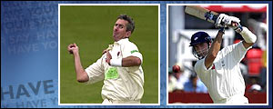 Somerset's Andy Caddick (left) will hope to get the better of Michael Vaughan