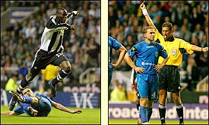 Ameobi's pace takes him clear, only for Sanel Jahic to bring him down