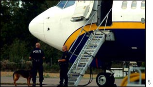 Swedish police stand beside Ryanair aircraft flight FR685 at Vaesteraas airport 