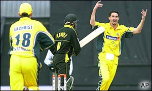 Australia fast bowler Jason Gillespie celebrates the wicket of Shahid Afridi
