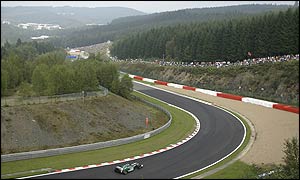 Jaguar's Pedro de la Rosa tackles the curves of Spa's mountain-set circuit