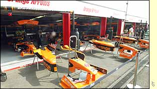 Bodywork of the Arrows cars outside their garage in Spa