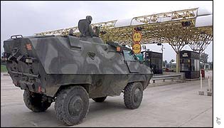 An armoured personnel carrier at a Macedonian checkpoint