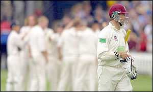 Marcus Trescothick makes his way to the pavilion