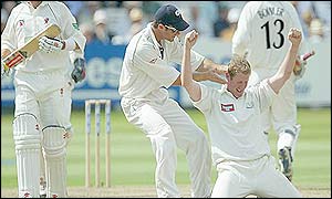 Anthony McGrath celebrates the successful call for lbw