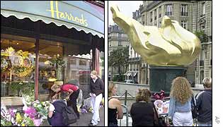 Harrods (left) and the Flame of Liberty monument in Paris