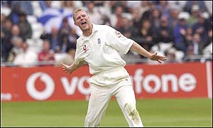 Matthew Hoggard celebrates a wicket against India