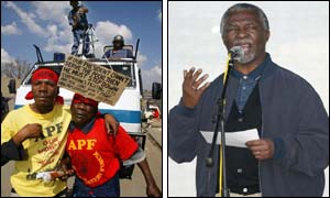 Protesters(l) and Thabo Mbeki speaking at a pro-government rally(r) ( photos courtesy of AP)