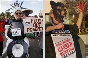 An anti-poverty protester(l) and an animal rights protester(r) ( photos courtesy of AFP)