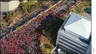 Protesters converge on the convention centre