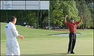 Tiger Woods celebrates his 2002 Masters win at Augusta National