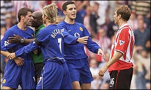 Keane is sent off for the 10th time after he elbowed Jason McAteer 