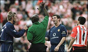 David Beckham (left) sees Roy Keane receive his red card