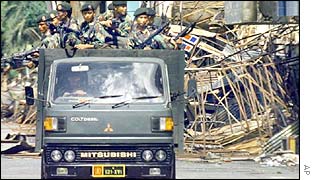 Indonesian troops patrol in Ambon