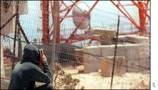 Hezbollah soldier watches an Israeli post in southern Lebanon